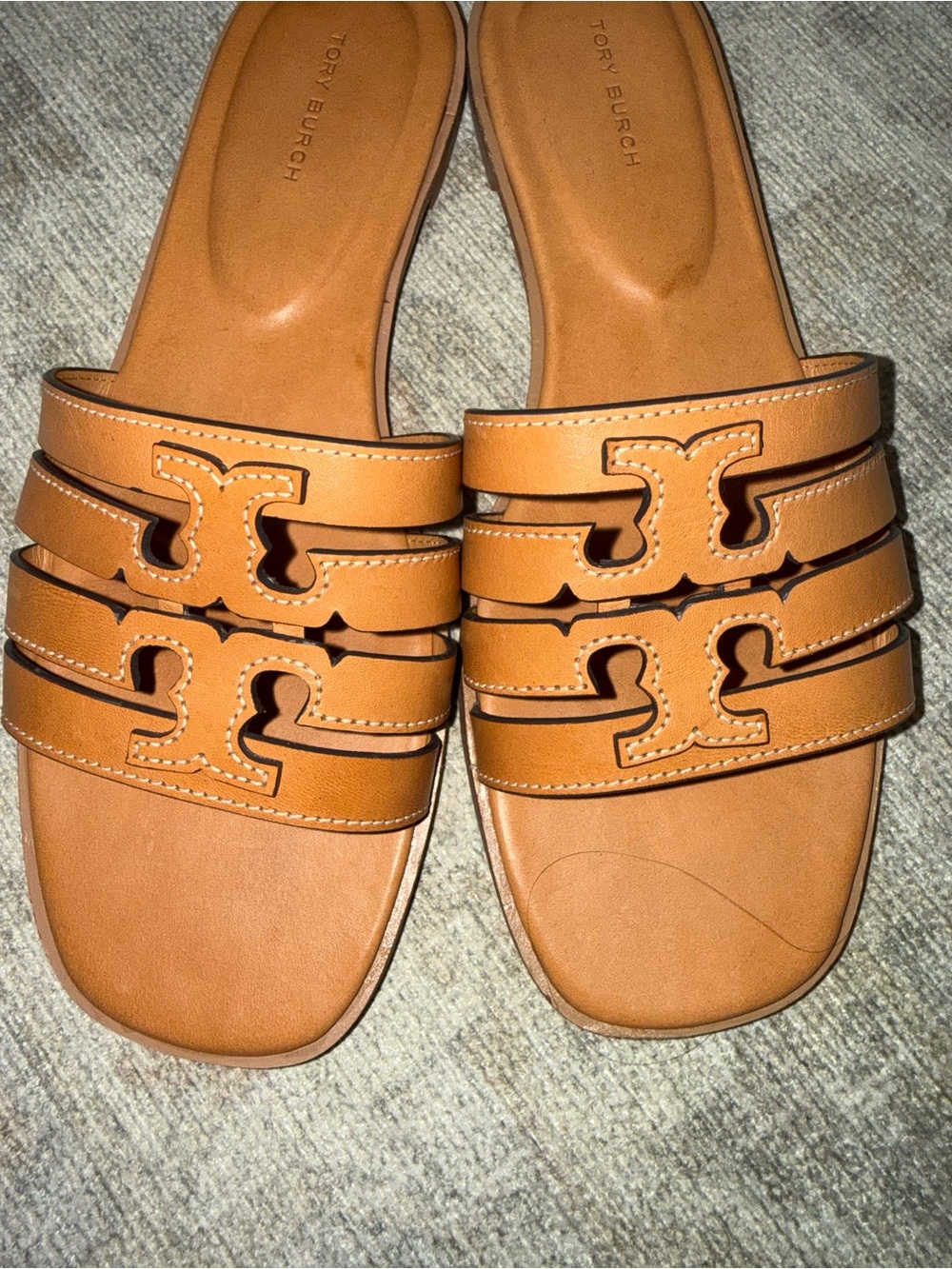 Tory Burch Ines Cognac Leather Triple-Strap Slide Mules - Picture 8 of 16